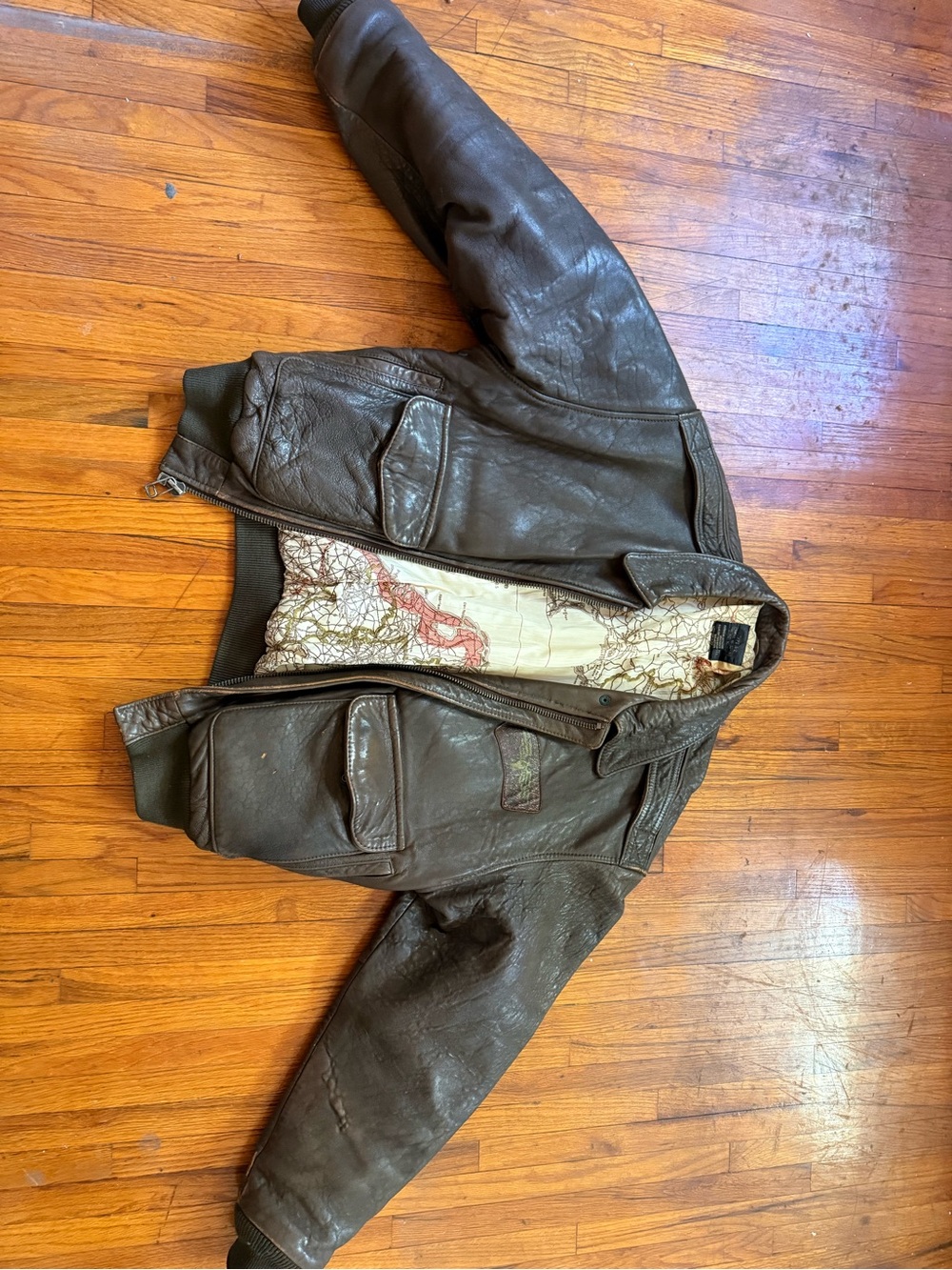 Avirex Brown Leather Bomber Jacket with Map-Print Lining